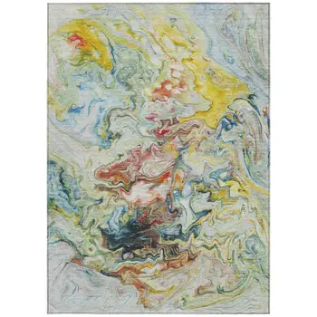 5' X 8' Ivory Blue And Yellow Abstract Washable Indoor Outdoor Area Rug