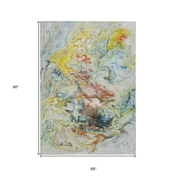 5' X 8' Ivory Blue And Yellow Abstract Washable Indoor Outdoor Area Rug