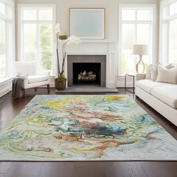 5' X 8' Ivory Blue And Yellow Abstract Washable Indoor Outdoor Area Rug