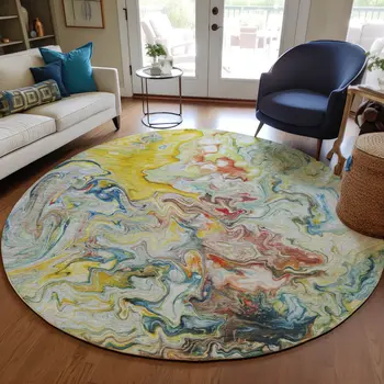 8' Ivory Blue And Yellow Round Abstract Washable Indoor Outdoor Area Rug
