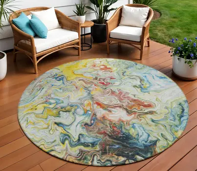 8' Ivory Blue And Yellow Round Abstract Washable Indoor Outdoor Area Rug