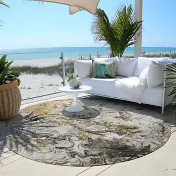 8' Taupe Beige And Ivory Round Abstract Washable Indoor Outdoor Area Rug