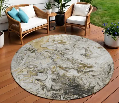 8' Taupe Beige And Ivory Round Abstract Washable Indoor Outdoor Area Rug
