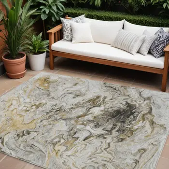 9' X 12' Taupe Beige And Ivory Abstract Washable Indoor Outdoor Area Rug