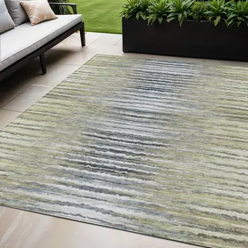 5' X 8' Beige Tan And Taupe Striped Washable Indoor Outdoor Area Rug