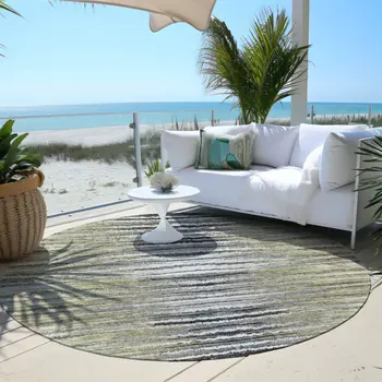 8' Beige Tan And Taupe Round Striped Washable Indoor Outdoor Area Rug