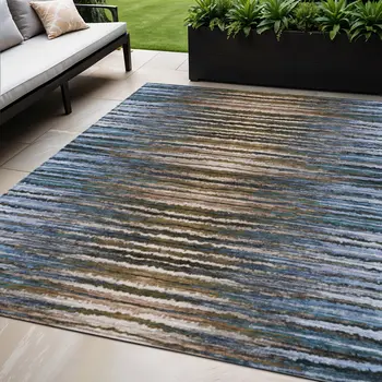 5' X 8' Blue Brown And Sky Blue Striped Washable Indoor Outdoor Area Rug