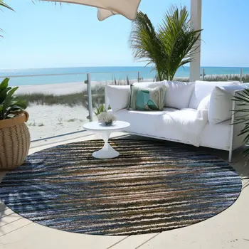8' Blue Brown And Sky Blue Round Striped Washable Indoor Outdoor Area Rug