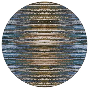 8' Blue Brown And Sky Blue Round Striped Washable Indoor Outdoor Area Rug