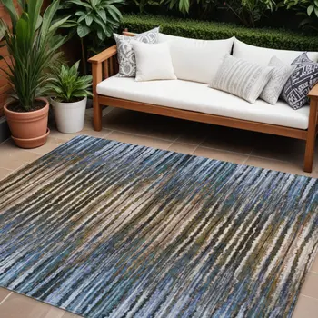 8' X 10' Blue Brown And Sky Blue Striped Washable Indoor Outdoor Area Rug