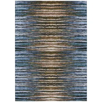 8' X 10' Blue Brown And Sky Blue Striped Washable Indoor Outdoor Area Rug