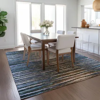 8' X 10' Blue Brown And Sky Blue Striped Washable Indoor Outdoor Area Rug
