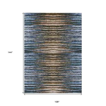 9' X 12' Blue Brown And Sky Blue Striped Washable Indoor Outdoor Area Rug