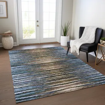 9' X 12' Blue Brown And Sky Blue Striped Washable Indoor Outdoor Area Rug