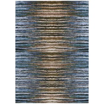 10' X 14' Blue Brown And Sky Blue Striped Washable Indoor Outdoor Area Rug