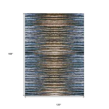 10' X 14' Blue Brown And Sky Blue Striped Washable Indoor Outdoor Area Rug