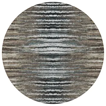 8' Brown Taupe And Chocolate Round Striped Washable Indoor Outdoor Area Rug