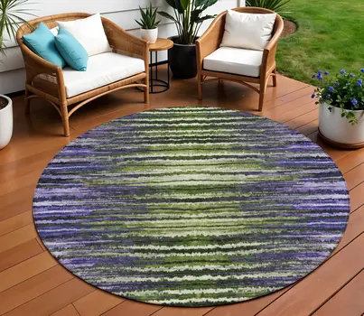 8' Purple Lilac And Lavender Round Striped Washable Indoor Outdoor Area Rug