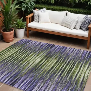 8' X 10' Purple Lilac And Lavender Striped Washable Indoor Outdoor Area Rug