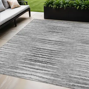 5' X 8' Silver Gray And Charcoal Striped Washable Indoor Outdoor Area Rug