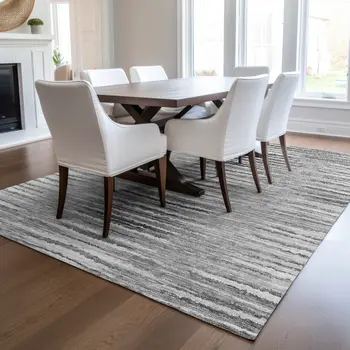 8' X 10' Silver Gray And Charcoal Striped Washable Indoor Outdoor Area Rug