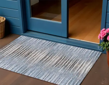 3' X 5' Sky Blue And Denim Blue Striped Washable Indoor Outdoor Area Rug