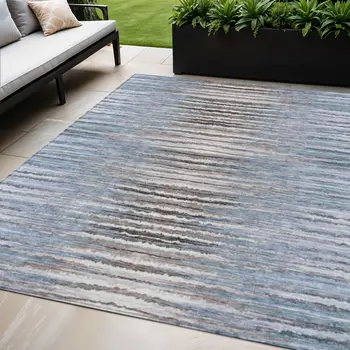 5' X 8' Sky Blue And Denim Blue Striped Washable Indoor Outdoor Area Rug