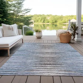 5' X 8' Sky Blue And Denim Blue Striped Washable Indoor Outdoor Area Rug