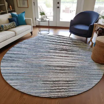 8' Sky Blue And Denim Blue Round Striped Washable Indoor Outdoor Area Rug