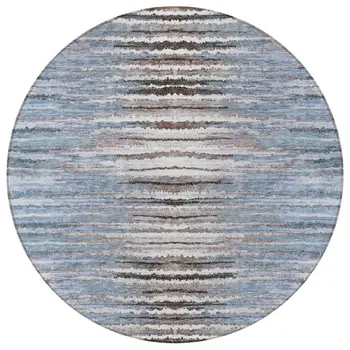 8' Sky Blue And Denim Blue Round Striped Washable Indoor Outdoor Area Rug