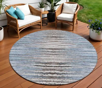 8' Sky Blue And Denim Blue Round Striped Washable Indoor Outdoor Area Rug