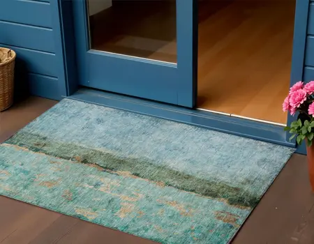 3' X 5' Blue And Gold Abstract Washable Indoor Outdoor Area Rug