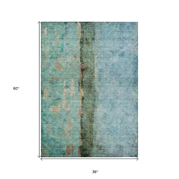 3' X 5' Blue And Gold Abstract Washable Indoor Outdoor Area Rug