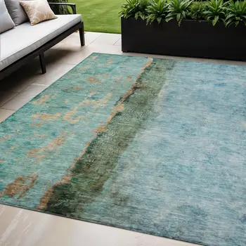 5' X 8' Blue And Gold Abstract Washable Indoor Outdoor Area Rug