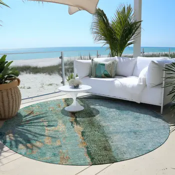 8' Blue And Gold Round Abstract Washable Indoor Outdoor Area Rug