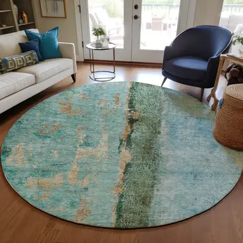 8' Blue And Gold Round Abstract Washable Indoor Outdoor Area Rug