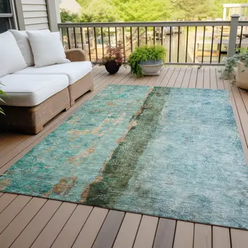 10' X 14' Blue And Gold Abstract Washable Indoor Outdoor Area Rug