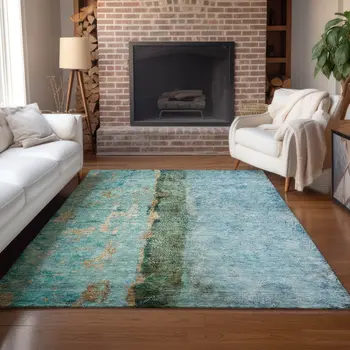 10' X 14' Blue And Gold Abstract Washable Indoor Outdoor Area Rug