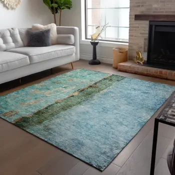 10' X 14' Blue And Gold Abstract Washable Indoor Outdoor Area Rug