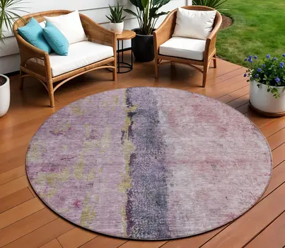 8' Blush Pink And Purple Round Abstract Washable Indoor Outdoor Area Rug