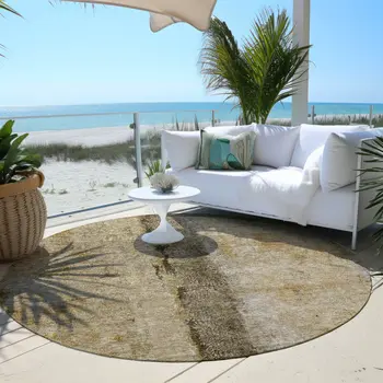 8' Brown Taupe And Gold Round Abstract Washable Indoor Outdoor Area Rug