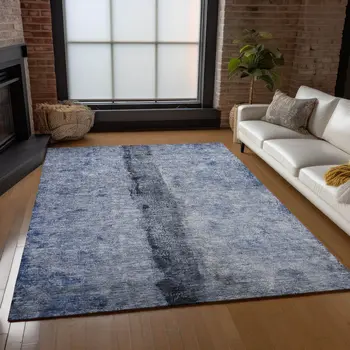 3' X 5' Denim Blue And Navy Blue Abstract Washable Indoor Outdoor Area Rug