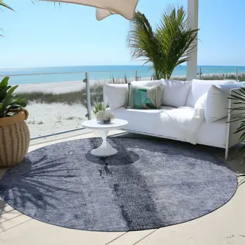 8' Denim Blue And Navy Blue Round Abstract Washable Indoor Outdoor Area Rug
