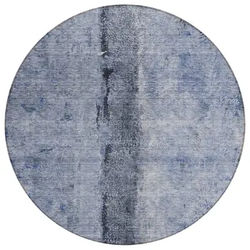 8' Denim Blue And Navy Blue Round Abstract Washable Indoor Outdoor Area Rug