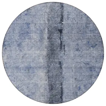 8' Denim Blue And Navy Blue Round Abstract Washable Indoor Outdoor Area Rug