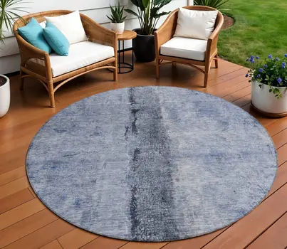 8' Denim Blue And Navy Blue Round Abstract Washable Indoor Outdoor Area Rug