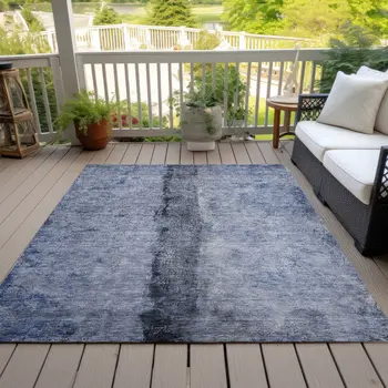 9' X 12' Denim Blue And Navy Blue Abstract Washable Indoor Outdoor Area Rug