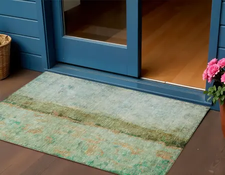 3' X 5' Olive Green And Blue Abstract Washable Indoor Outdoor Area Rug