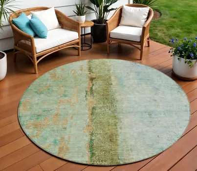 8' Olive Green And Blue Round Abstract Washable Indoor Outdoor Area Rug