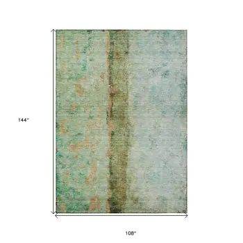 9' X 12' Olive Green And Blue Abstract Washable Indoor Outdoor Area Rug